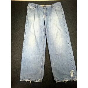 Y2K Plugg Baggy Jeans Men's 42x32 Blue Denim Light Wash Distressed Wide Leg Boho